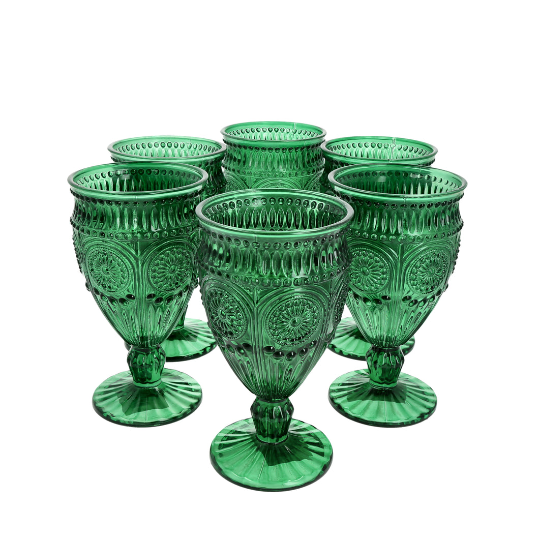 Set 6 Copas Vidrio Flores  Verde Botella