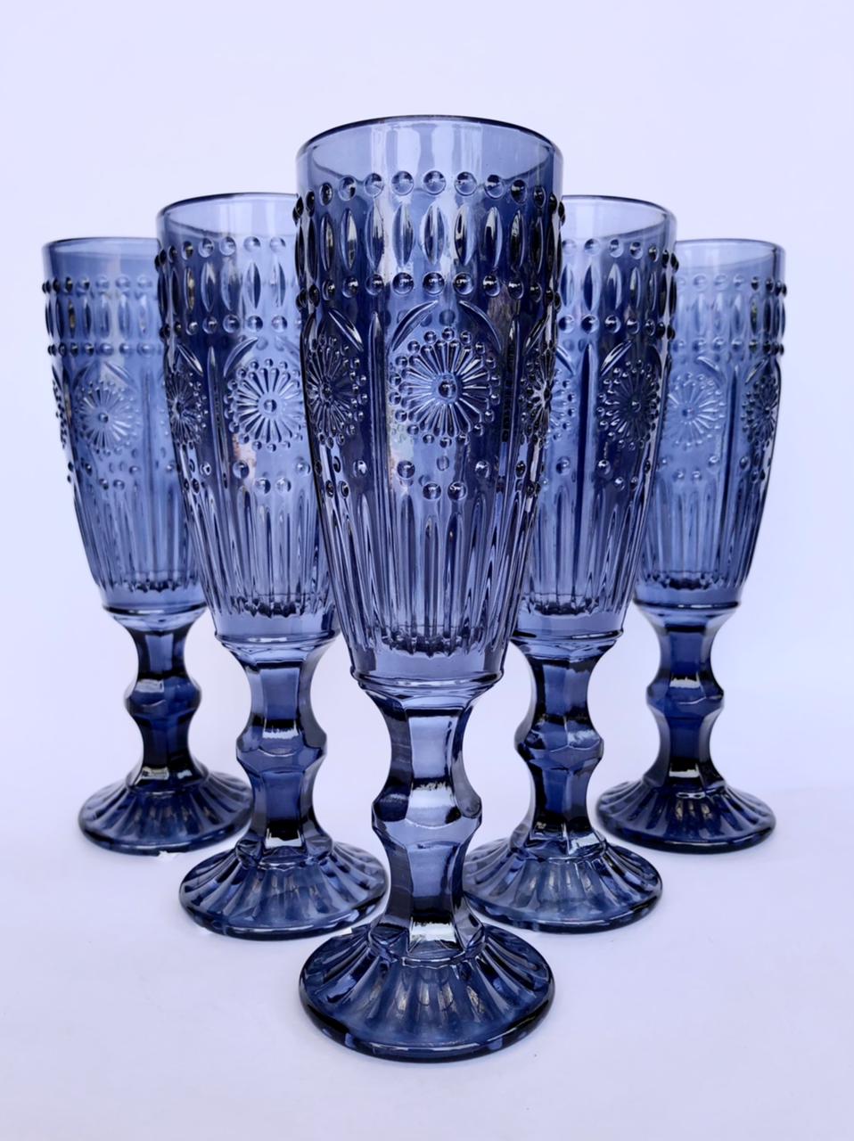 Set 6 Copas Champagne Flores  Azul