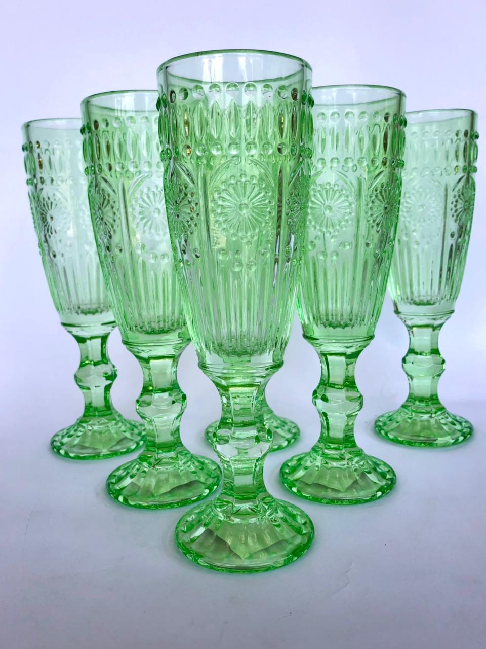 Set 6 Copas Champagne Flores  Verde